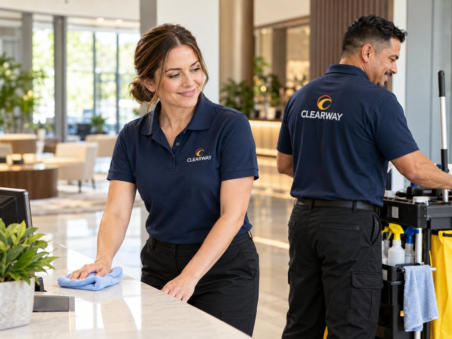 Cleaning professionals wearing matching navy uniforms with custom logos.