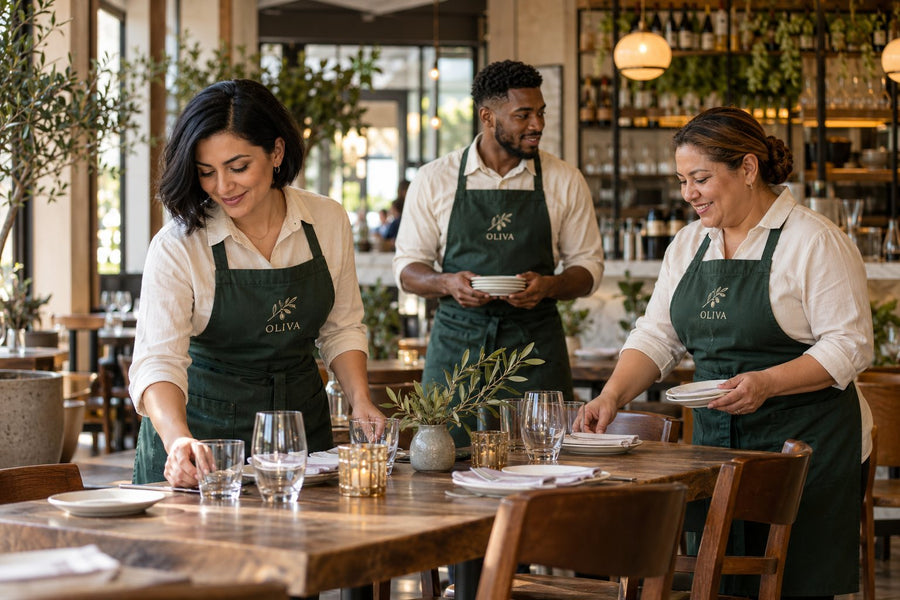 Restaurant staff in custom uniforms